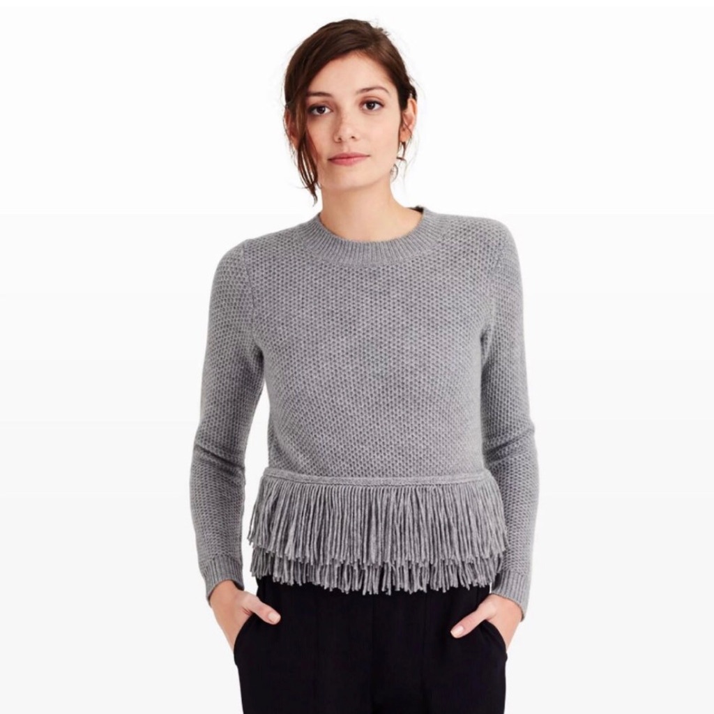 Club Monaco Gray Fringe Knit Crewneck Sweater